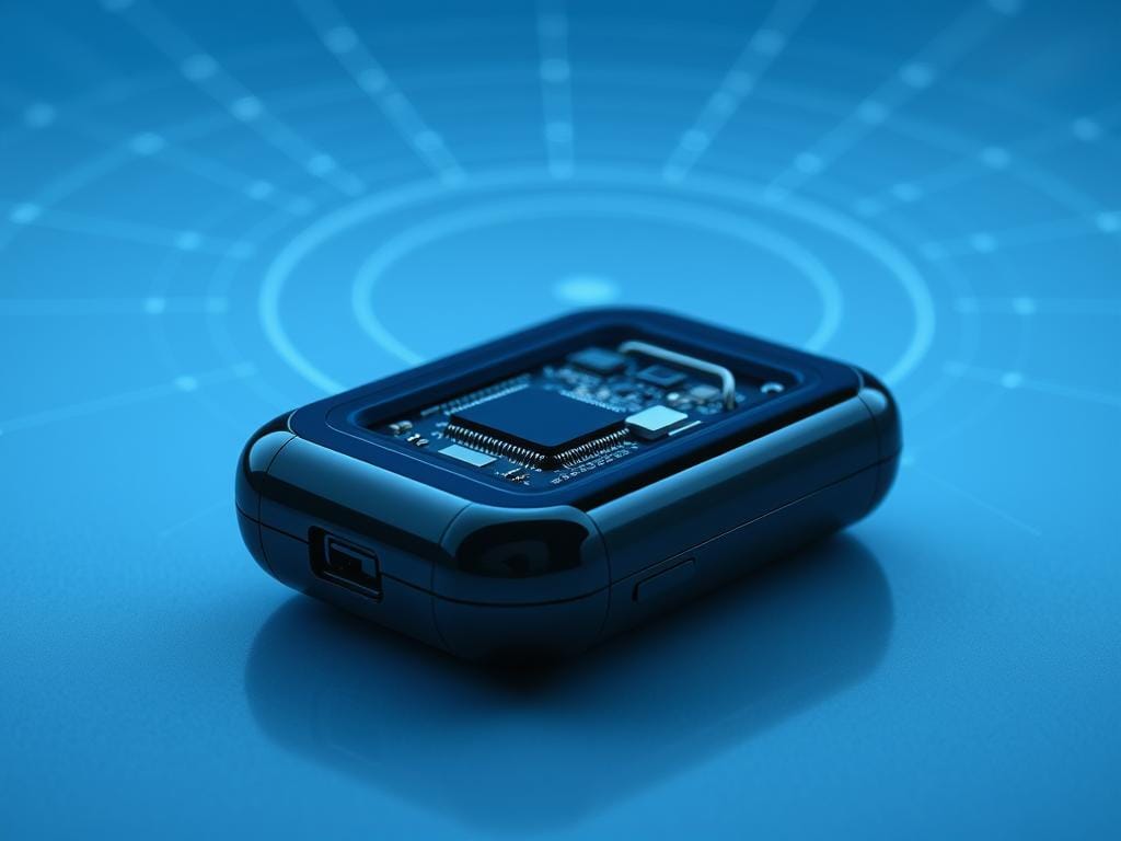 A sleek, futuristic GPS tracker lies in the center of the frame, its glossy black surface reflecting the studio lighting. Intricate circuit boards and sensors are visible through a transparent casing, showcasing the device's advanced security features. In the background, a grid of concentric circles represents the GPS network, conveying the tracker's precise location-tracking capabilities. The entire scene is bathed in a cool, blue-tinted lighting, creating a sense of high-tech sophistication and reliability.