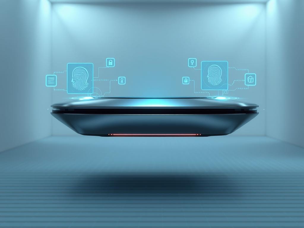 A sleek, futuristic device hovers in the foreground, its metallic surface glimmering under crisp, directional lighting. Holographic security interfaces flicker and pulse around the device, displaying intricate patterns and biometric data. In the middle ground, a clean, minimalist workspace serves as the backdrop, with a subtle grid pattern on the floor and walls suggesting advanced technology. The overall atmosphere is one of precision, innovation, and unwavering data protection, capturing the essence of "Gemini Devices: Redefining the Tech Experience" and its "Security and Privacy Implementations" section.