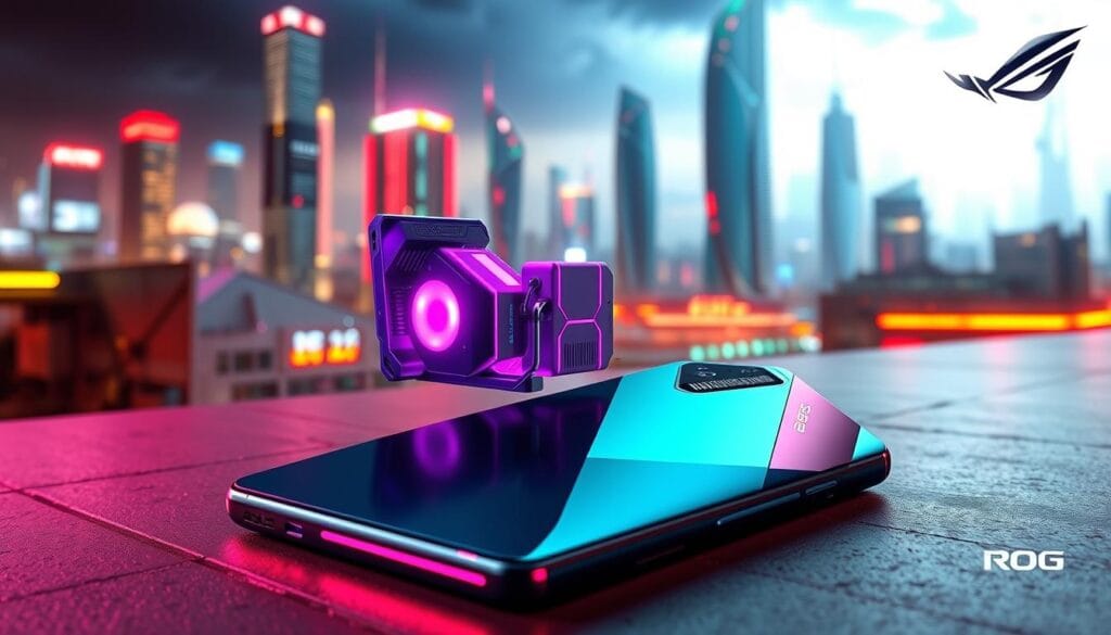 A sleek, high-performance gaming smartphone, the ASUS ROG Phone 3 dominates the foreground, its angular design and vivid RGB lighting accentuating its powerful presence. In the middle ground, a detailed 3D render showcases the phone's advanced features, such as its ultra-smooth 144Hz display, cutting-edge Snapdragon processor, and advanced cooling system. The background features a dynamic, futuristic cityscape, with neon-lit skyscrapers and a vibrant, electrified atmosphere, conveying the cutting-edge technology and immersive gaming experience the ROG Phone 3 delivers. Captured in a dramatic, cinematic lighting setup, this image exudes a sense of raw power and uncompromising performance, perfectly representing the "Ultimate Gaming Smartphone" moniker.