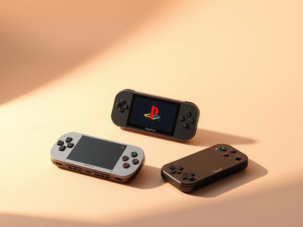 A sleek, high-resolution image of three portable gaming devices inspired by the iconic PlayStation 2 design. The foreground showcases the devices in various stylish colors, with attention to detail in their rounded shapes, bold logos, and tactile controls. The middle ground features a soft, gradient backdrop that enhances the modern, minimalist aesthetic. Subtle ambient lighting casts gentle shadows, creating depth and a sense of three-dimensionality. The overall atmosphere conveys a premium, cutting-edge vision of portable gaming in the year 2024, capturing the essence of the "Top PS2 Portable Solutions" section.