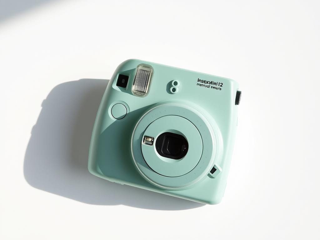 A sleek, modern Instax Mini 12 camera rests against a crisp, white background, its distinctive mint-green body and minimalist design accentuated by soft, natural lighting. The camera's advanced photography features are showcased through a close-up view, highlighting the precise manual controls, including the adjustable aperture, shutter speed, and focus ring. The scene conveys a sense of simplicity and elegance, inviting the viewer to explore the camera's capabilities for capturing high-quality instant photographs during everyday adventures.