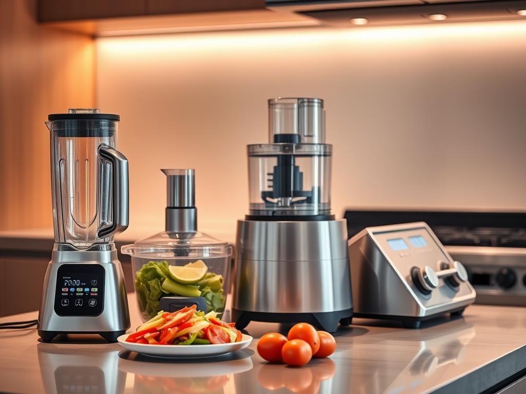 A sleek, modern kitchen counter with an array of cutting-edge food processing appliances. In the foreground, a high-tech blender with a crystal-clear glass carafe and a intuitive digital control panel. Beside it, a precision food slicer with razor-sharp, serrated blades. In the middle ground, a compact, stainless steel food processor with multiple interchangeable discs for dicing, shredding, and pureeing. In the background, an advanced multi-function cooktop with touch-sensitive controls, seamlessly integrated into the streamlined, minimalist design. Warm, soft lighting casts a gentle glow, highlighting the smooth, brushed metal surfaces and the state-of-the-art, intuitive user interfaces of these intelligent food preparation tools.