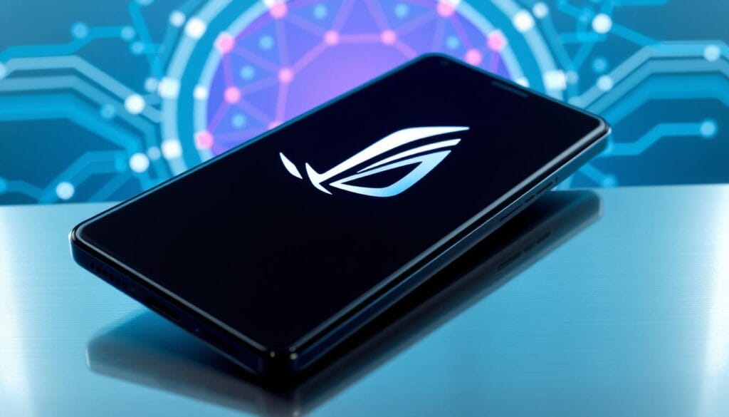 A sleek, modern smartphone with a sharp, high-resolution display resting on a metallic surface. The ROG Phone 3 5G logo is prominently displayed, showcasing its advanced connectivity features. In the background, a holographic 5G network visualization pulses with vibrant lines and geometric shapes, highlighting the device's ultra-fast 5G capabilities. The scene is illuminated by a cool, bluish-white lighting, creating a futuristic and technological atmosphere. The camera angle is slightly elevated, giving the image a sense of power and sophistication.