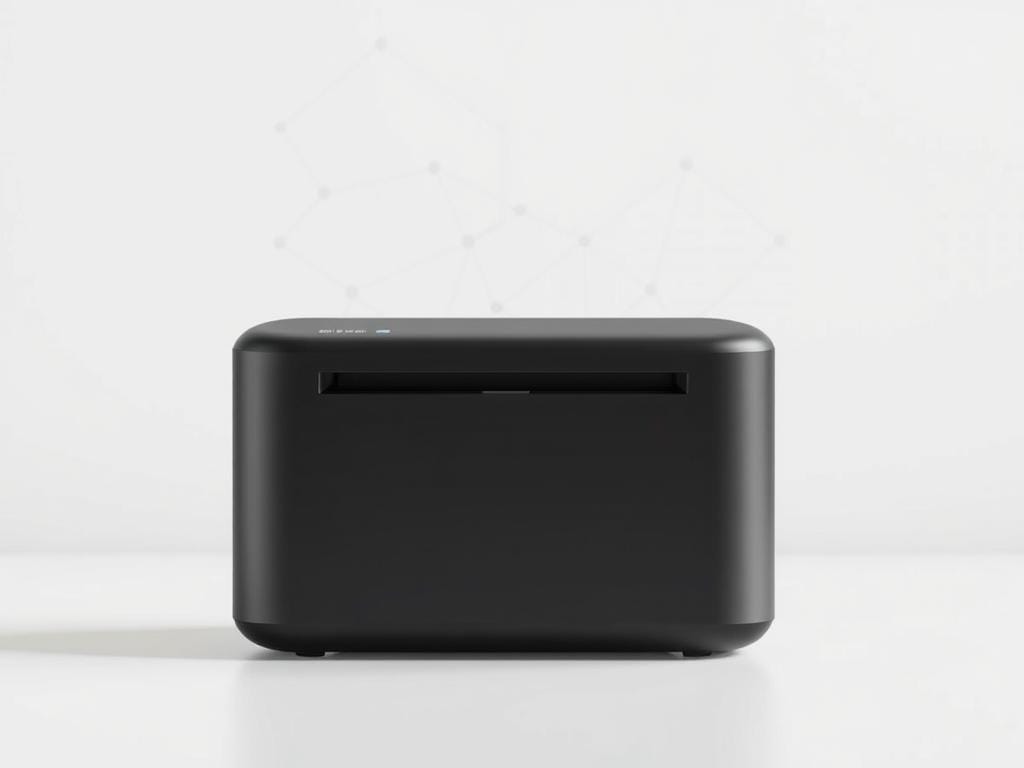 A sleek, modern wireless portable printer set against a clean, minimalist backdrop. The device is positioned in the foreground, its smooth, matte black surface gleaming under soft, directional lighting. The printer appears compact and lightweight, hinting at its portability and ease of use. In the middle ground, a subtle grid or wireframe pattern suggests the advanced wireless connectivity and digital technology that powers the printer. The background is a simple, monotone gradient, allowing the device to take center stage and highlighting its innovative design. The overall mood is one of sophistication, efficiency, and cutting-edge technological prowess.