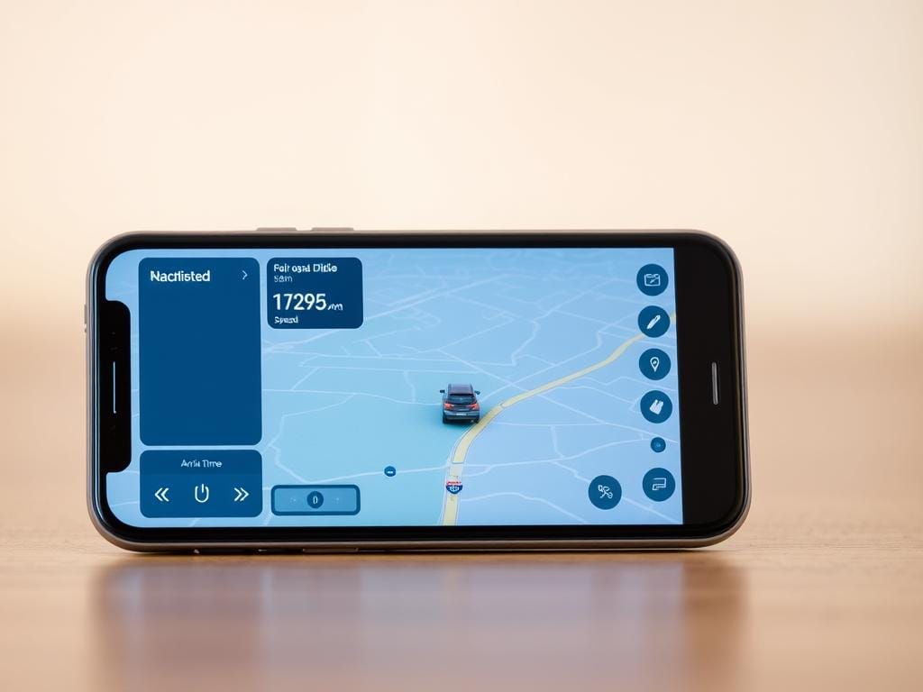 A smartphone displaying a sleek GPS tracking app interface. In the foreground, a high-resolution map with a pulsing location marker, tracking a moving vehicle in real-time. The middle ground showcases various control and data panels, including speed, distance, and arrival time estimates. The background features a minimalist UI design with clean lines, intuitive iconography, and a subdued color palette of blues and grays, creating a professional, cutting-edge aesthetic. The lighting is soft and diffused, enhancing the clarity of the map and digital readouts. The camera angle is slightly elevated, providing an overview of the app's comprehensive tracking capabilities.