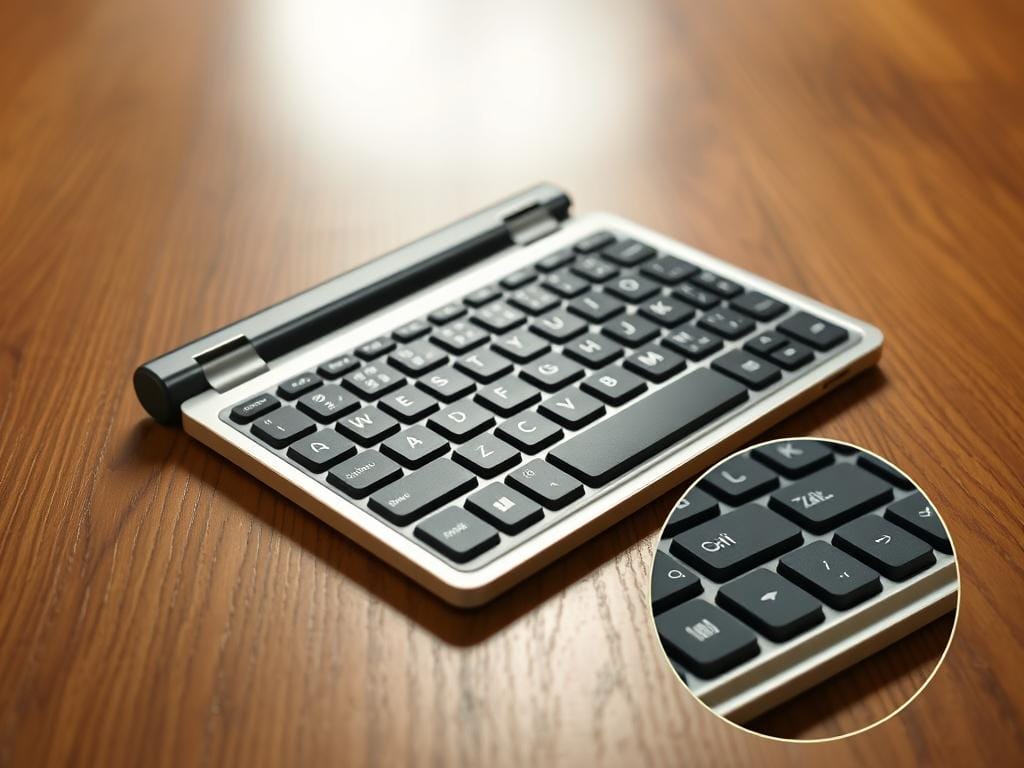 A sturdy foldable Bluetooth keyboard lies open on a wooden table, its sleek metal frame gleaming under bright studio lighting. The keys are arranged in a compact yet ergonomic layout, hinting at the keyboard's portability and responsive typing experience. Intricate macro shots reveal the keyboard's durable construction, with rugged hinges and a textured, non-slip surface. The scene exudes a sense of quality and reliability, perfectly capturing the keyboard's ability to withstand the rigors of mobile use.