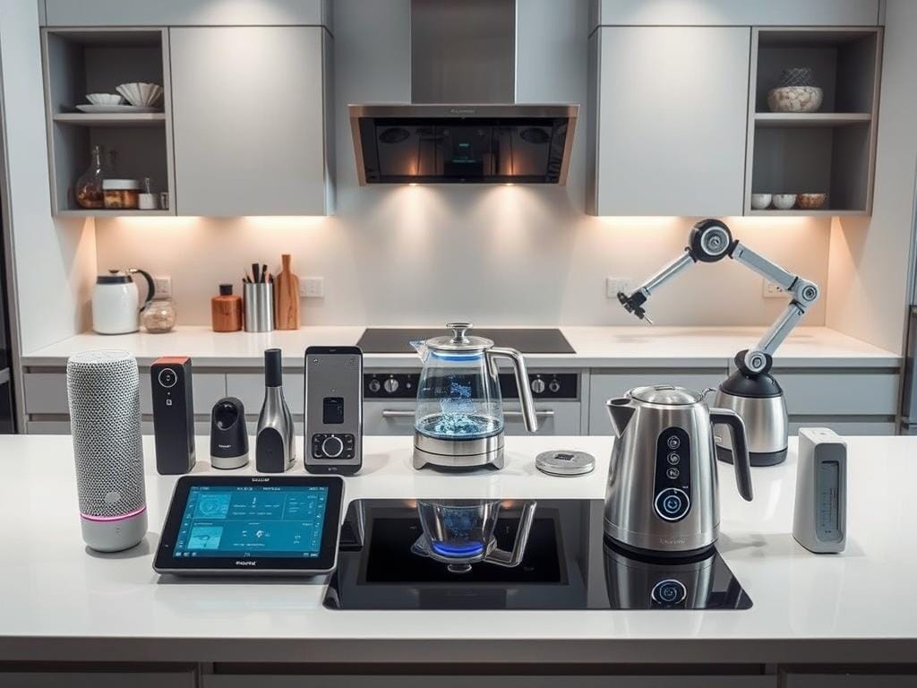 A stylish kitchen counter showcasing an assortment of cutting-edge smart gadgets against a sleek, minimalist backdrop. In the foreground, various high-tech kitchen appliances and tools are neatly arranged, including a voice-controlled smart speaker, a touchscreen tablet for recipes, a Wi-Fi-enabled sous vide machine, and an autonomous robotic arm for meal prep. In the middle ground, a sophisticated induction cooktop and a futuristic kettle with temperature control are prominently displayed. The background features a clean, modern kitchen design with clean lines, neutral tones, and subtle lighting, creating an atmosphere of technological innovation and culinary excellence.