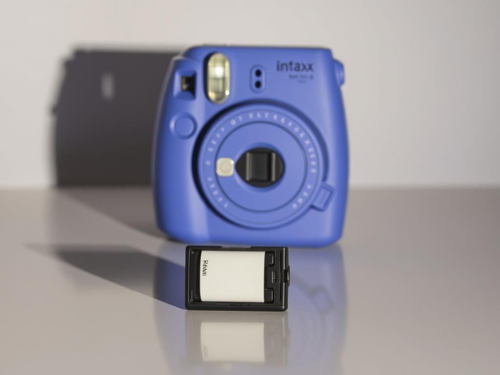 A well-lit close-up shot of the Instax Mini 12 camera, showcasing its compact and portable design. The camera is positioned on a smooth, reflective surface, casting a crisp shadow below. The frame highlights the camera's sleek lines, matte texture, and distinctive color. In the foreground, the camera's battery compartment is prominently displayed, revealing its power capacity and efficient battery life. The background is a softly blurred, neutral tone, keeping the focus on the camera's performance and features.