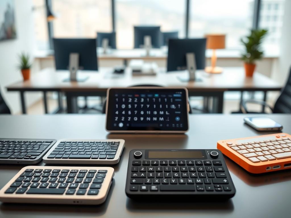 A well-lit modern office desk with various compact wireless keyboards arranged in the foreground, showcasing their compact and minimalist design. The keyboards feature clean lines, sleek profiles, and a range of colors. In the middle ground, a tablet sits atop the desk, demonstrating the seamless integration between the mini keyboards and mobile devices. The background features a softly blurred office environment, with a warm, inviting atmosphere conveying the productivity and portability of these essential tablet accessories.