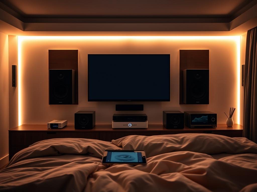 Bedroom Entertainment Technology: A cozy and immersive space, illuminated by warm, diffused lighting that casts a soft glow over a neatly arranged array of state-of-the-art media devices. A sleek, wall-mounted smart TV takes center stage, flanked by high-fidelity speakers and a modern, minimalist audio system. A tablet or smartphone rests on a bedside table, ready to seamlessly control the entire setup. Plush, inviting bedding and textiles create a comfortable, relaxing ambiance, while discreet LED strips accentuate the room's architectural features. The overall atmosphere evokes a harmonious balance of technology and personal comfort, designed to elevate the bedroom experience.