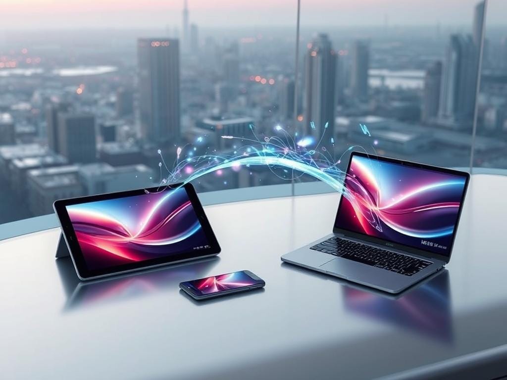 Gemini Cross-Device Synchronization: A seamless flow of data, effortlessly bridging multiple devices in a sleek, futuristic interface. Vibrant holograms dance across a minimalist workspace, seamlessly transferring content between a tablet, laptop, and smartphone. Soft, ambient lighting accentuates the clean, metallic surfaces, while a subtle blue glow emanates from the devices, creating a sense of technological harmony. Elegant lines and curves guide the eye, conveying the effortless integration of the Gemini ecosystem. In the background, a panoramic cityscape reflects the cutting-edge innovation, as the user experiences the true power of cross-device synchronization.