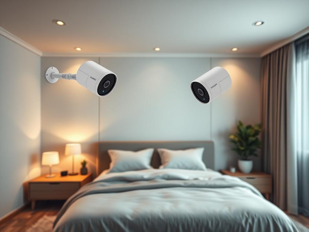 High-resolution photograph of a modern bedroom interior, with two discreet home security cameras installed on the walls, providing a comprehensive surveillance coverage. The cameras are sleek, minimalist in design, and blending seamlessly with the room's decor. Subtle LED indicator lights on the cameras suggest they are active and functioning. The lighting is soft and warm, creating a cozy, peaceful atmosphere. The room is spacious and well-organized, with a large bed, nightstands, and other essential furnishings. The overall scene conveys a sense of security and privacy, suitable for a personal sanctuary such as a bedroom.