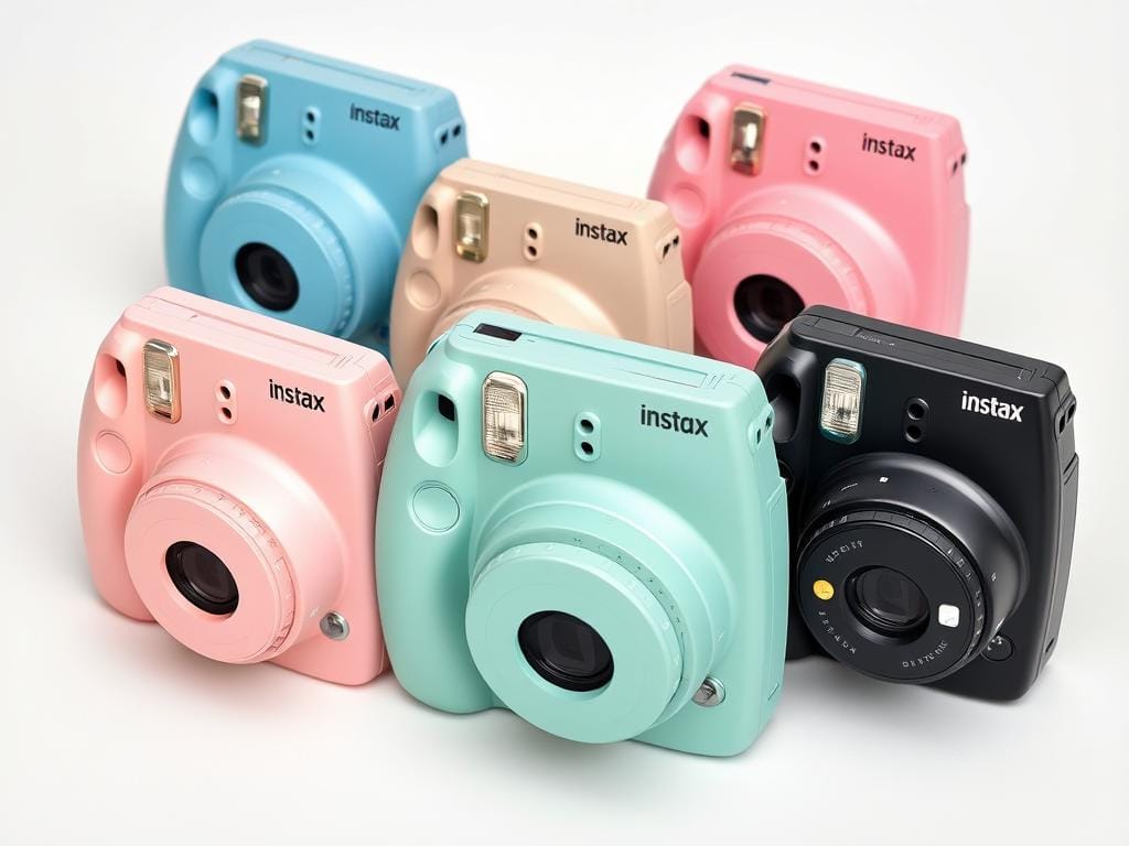 Instax Mini 12 Camera, featuring a sleek and minimalist design, displayed in a vibrant array of colors including pastel blue, dusty pink, mint green, and classic black. The cameras are arranged in a visually appealing composition, with each unit precisely positioned to showcase its unique hue and texture. The image is captured in soft, diffused lighting, accentuating the cameras' glossy finishes and bringing out the subtle nuances of each color. The background is a clean, neutral tone, allowing the Instax Mini 12 models to take center stage and highlight the personalization options available to the user.