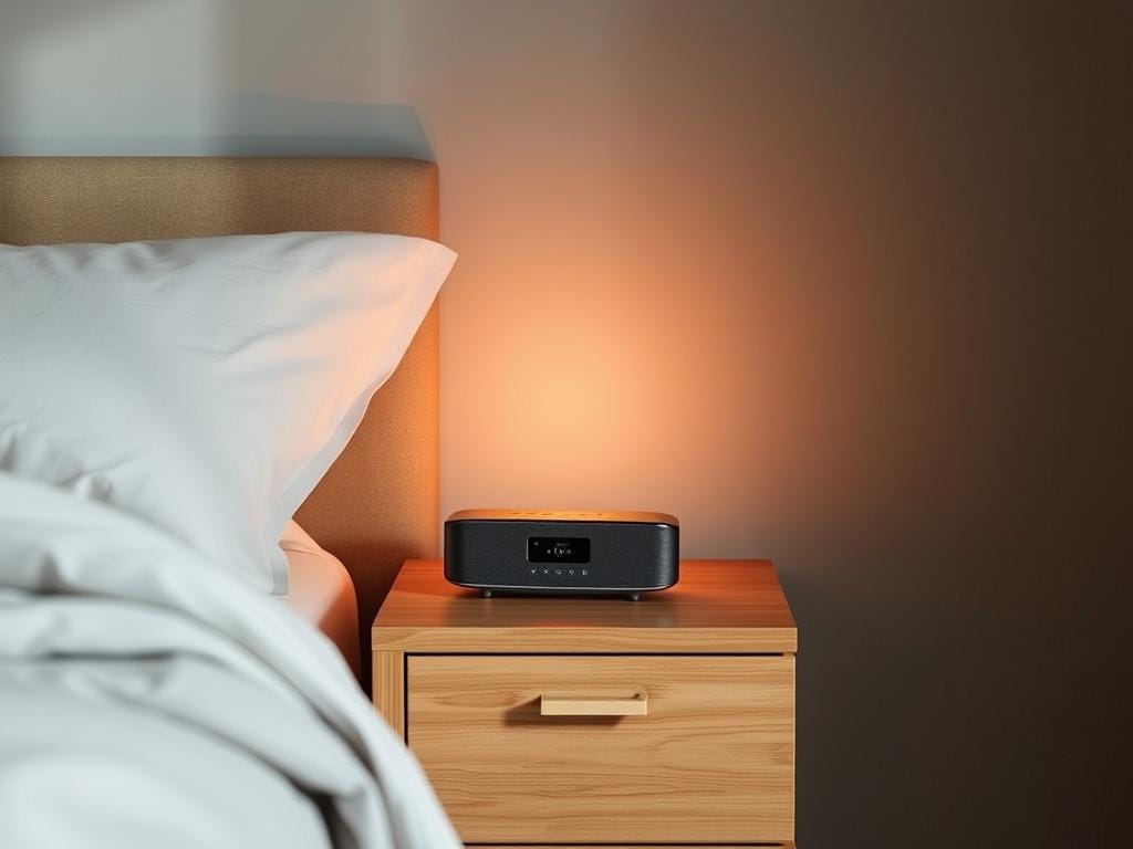 Sleek, minimalist Bluetooth speakers for a peaceful slumber. Softly illuminated with a warm, soothing glow, the speakers are nestled on a wooden nightstand against a backdrop of cozy, muted colors. Plush bedding and a calming gray wall create a serene, bedroom environment. The speakers' streamlined design and intuitive controls seamlessly blend into the space, ready to lull you into a restful sleep with high-quality audio. Subtle shadows and a gentle, diffused lighting enhance the tranquil ambiance, showcasing the speakers' premium craftsmanship and functionality within a harmonious, bedroom setting.