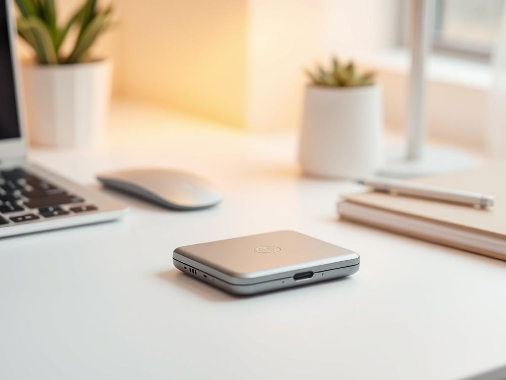 A budget tech product resting on a simple, clean desk with a minimalist aesthetic. Soft, warm lighting bathes the scene, creating a cozy, inviting atmosphere. The product, a sleek yet affordable gadget, is the focal point, its functional design and subtle branding hinting at its quality despite the low price tag. The background is slightly blurred, placing emphasis on the product and conveying a sense of thoughtful curation. The overall impression suggests a well-crafted, value-driven item that belies its budget-friendly classification.