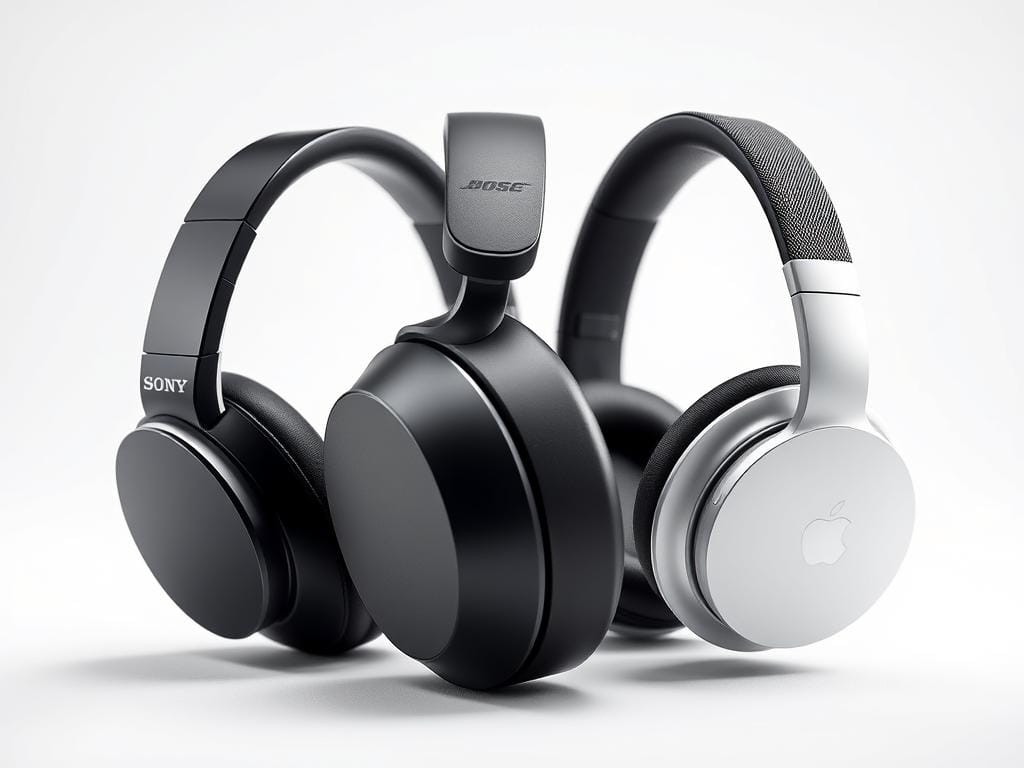 A detailed comparison of three high-end noise-canceling headphone designs: a sleek and modern Sony model, a sophisticated and elegant Bose design, and a minimalist yet stylish Apple headphone. The headphones are presented in a clean studio setting, lit with soft, directional lighting that highlights their unique shapes, textures, and materials. The Sony headphones feature a matte black finish and bold angular lines, the Bose pair has a smooth, streamlined profile with premium leather accents, while the Apple model showcases a minimalist, all-white aesthetic. The camera angle emphasizes the ergonomic, comfortable fit of each headphone, inviting the viewer to imagine how they would feel on the head. The overall mood is one of refined sophistication, drawing the eye to the design details that set these elite audio products apart.