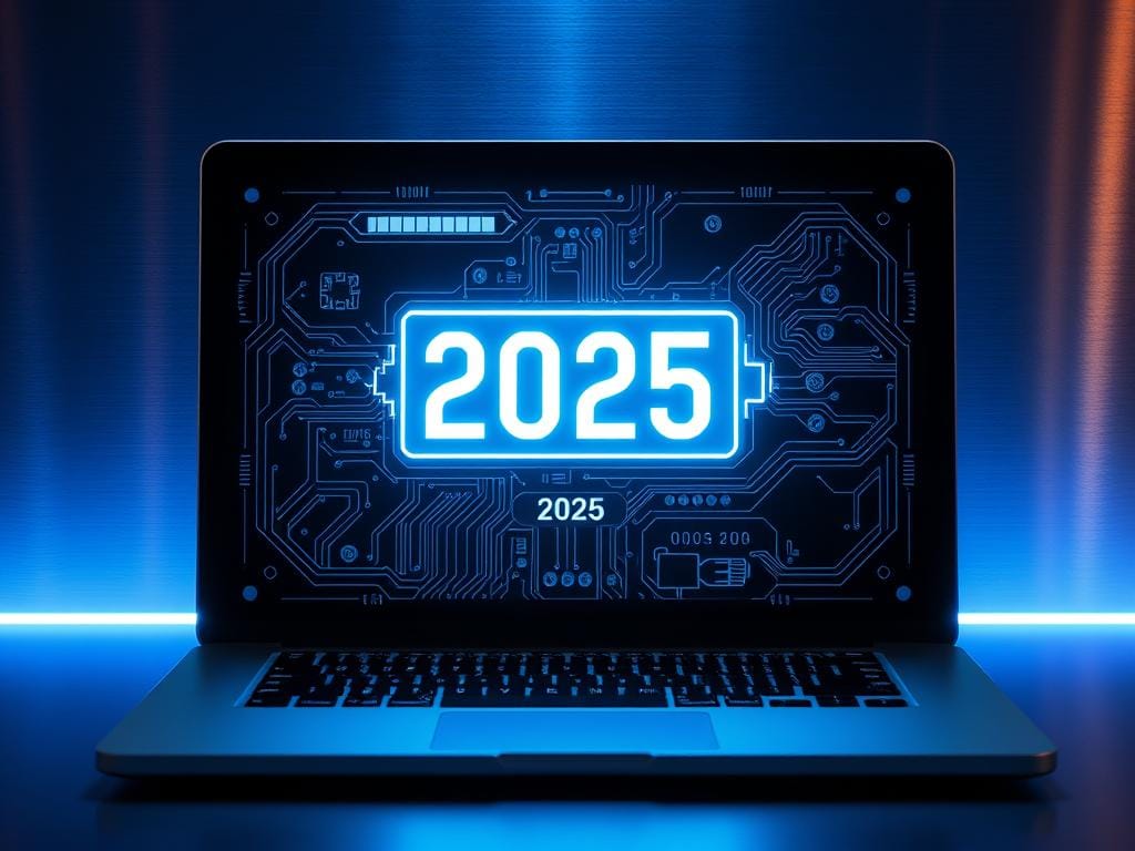 A futuristic laptop battery charge indicator glowing against a sleek, metallic backdrop. The display shows intricate circuitry and advanced power management technology, with a projected battery life percentage of 2025. Ethereal blue and white lighting illuminates the scene, creating a sense of advanced, cutting-edge innovation. The overall composition conveys the theme of improved battery efficiency and longevity, crucial for the next generation of portable computing devices.