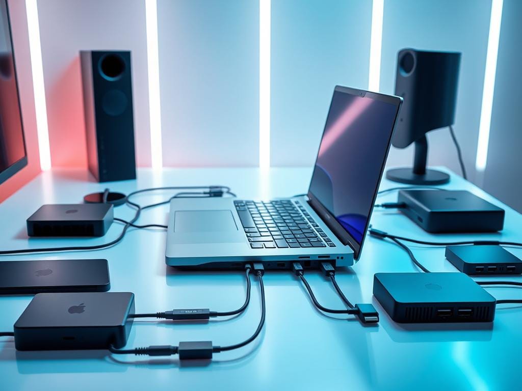 A futuristic workspace with a high-tech laptop on a clean, minimalist desk. The laptop is surrounded by a variety of interconnected devices, showcasing the diverse connectivity options available in 2025. Sleek USB-C ports, lightning-fast wireless adapters, and cutting-edge docking stations create a seamless digital ecosystem. The scene is bathed in a soft, cool lighting, highlighting the advanced ports and interfaces. The overall composition emphasizes the laptop's central role in the modern, technology-driven work environment, while hinting at the ever-expanding connectivity capabilities of the future.