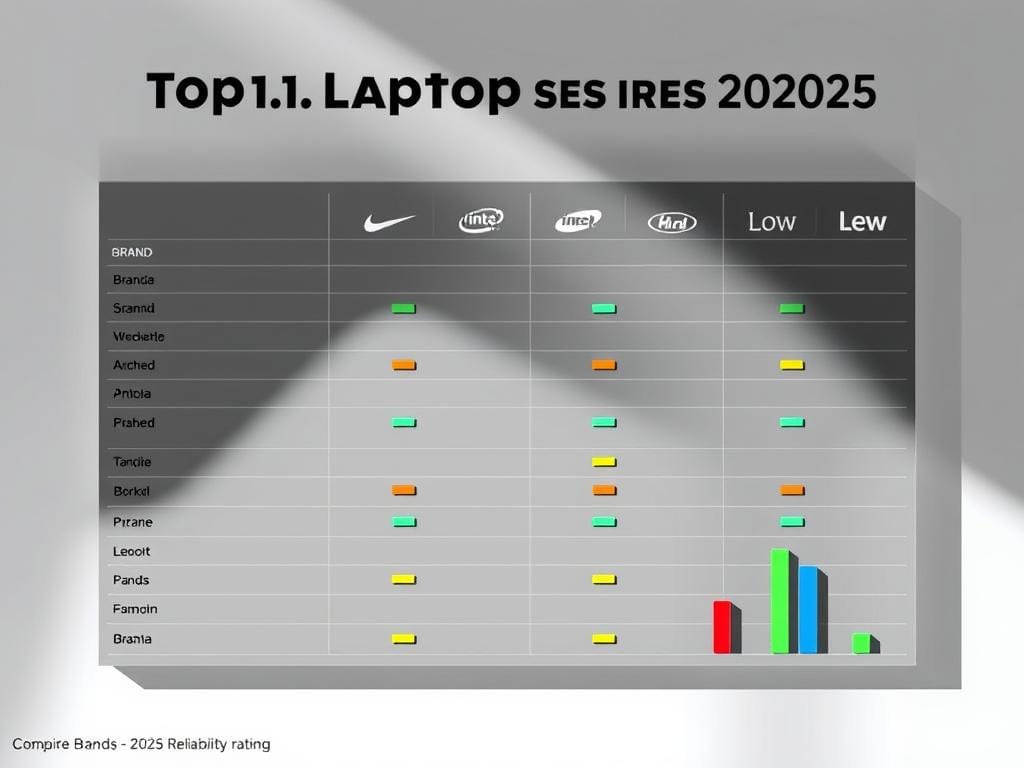 A high-quality, visually striking comparison chart depicting the top laptop brands in 2025 and their reliability ratings. The chart is rendered in a sleek, minimalist style with a muted color palette, allowing the data to shine. Brands are represented by subtle brand logos, arranged in a grid layout. Reliability ratings are shown using a simple bar graph system, color-coded to indicate high, medium, and low reliability. The overall composition has a sense of professionalism and authority, conveying the trustworthiness of the information. Dramatic lighting casts dramatic shadows, creating depth and dimension. The background is clean and uncluttered, allowing the chart to be the central focus.
