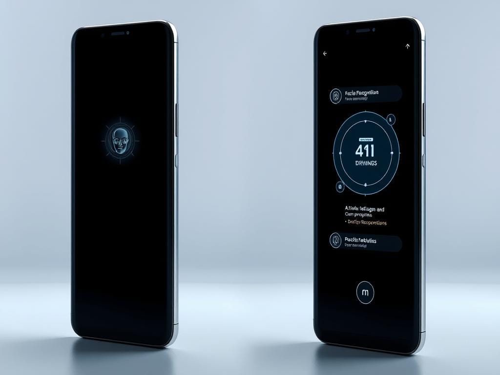 A high-tech rendering of an AI-powered smartphone display, showcasing a side-by-side comparison of cutting-edge features. Crisp, detailed visuals present sleek device silhouettes against a minimalist, futuristic backdrop. Soft, directional lighting accentuates the precision and sophistication of the interfaces, which elegantly visualize AI-driven capabilities like facial recognition, voice commands, and predictive recommendations. The overall composition conveys a sense of technological innovation and the seamless integration of intelligence into the modern mobile experience.