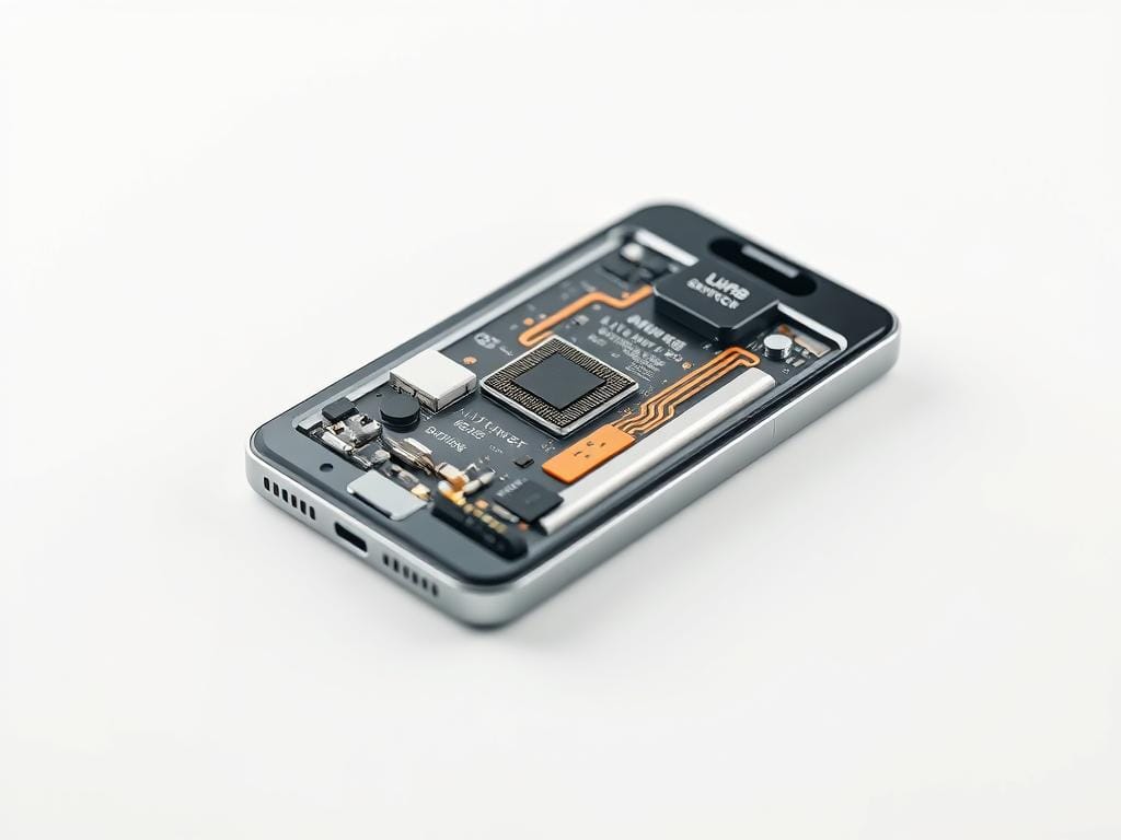 A highly detailed, photorealistic close-up view of a smartphone battery, showcasing its intricate internal structure and cutting-edge technology. The battery is positioned in the center of the frame, with a clean, white background that allows the components to stand out. The lighting is soft and diffused, creating depth and highlighting the battery's sleek, metallic casing and the complex circuitry within. Visible details include the lithium-ion cells, the power management chip, the thermal control system, and the advanced charging interface. The overall composition conveys a sense of precision, innovation, and the increasing sophistication of smartphone battery technology.
