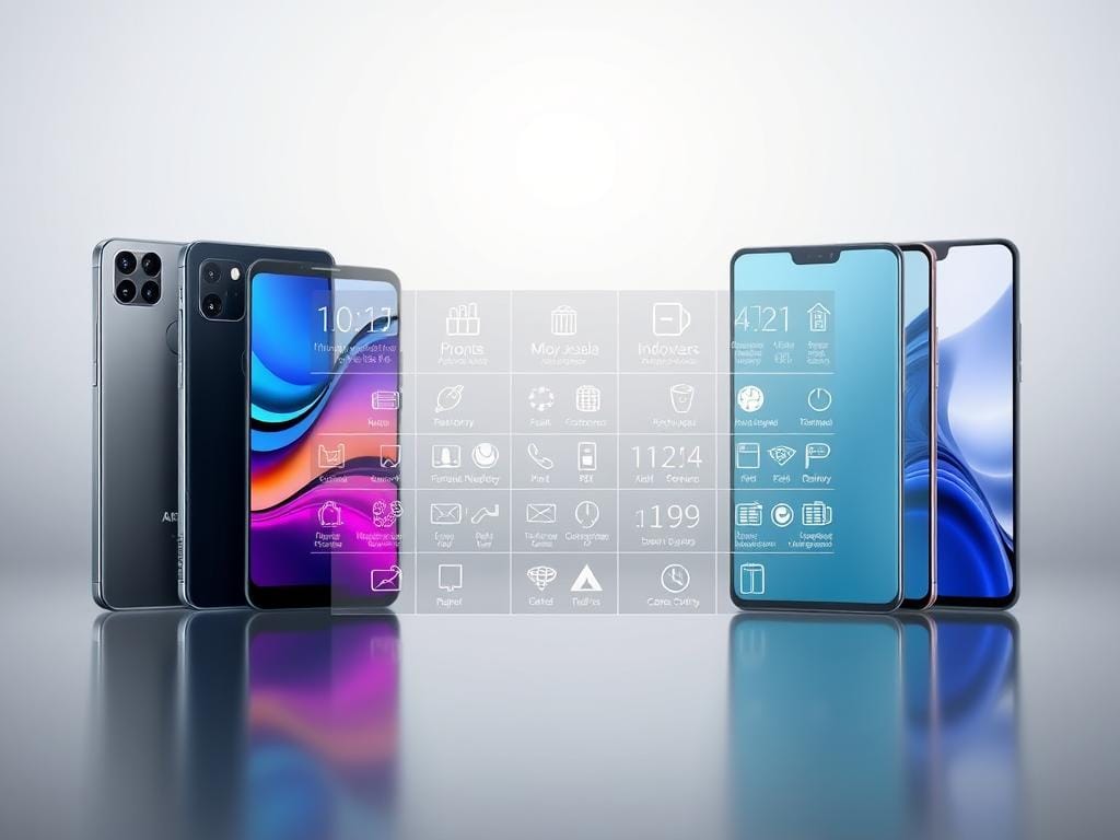 A highly detailed, visually striking digital illustration of a side-by-side comparison of the key features and specifications of the latest smartphones. The foreground displays the phones arranged in a sleek, symmetrical layout, showcasing their distinct designs, screen sizes, and camera modules. The middle ground highlights a grid of meticulously crafted icons and infographics detailing the phones' technical capabilities, such as processing power, memory, battery life, and connectivity options. The background features a subtle, minimalist gradient that complements the modern, high-tech aesthetic. Crisp lighting and a wide depth of field create a sense of depth and professionalism, making this an ideal visual aid for a smartphone buying guide.
