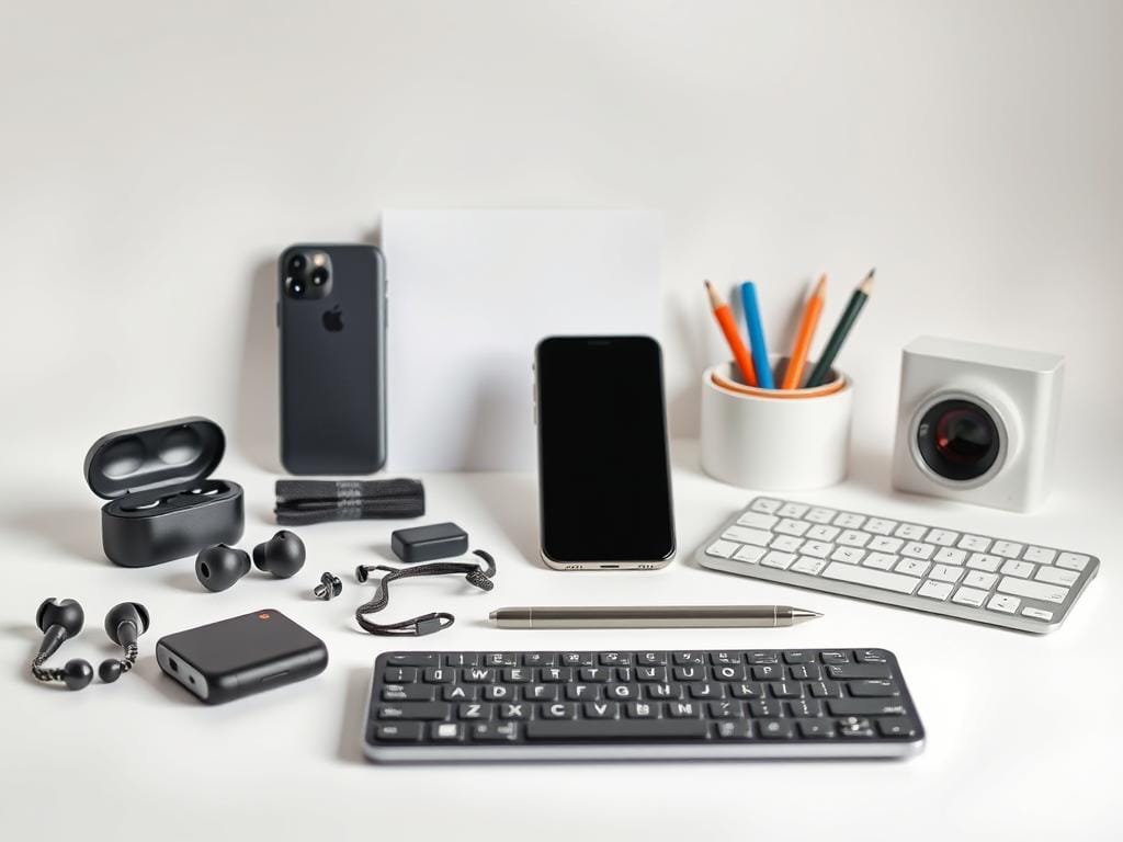 A meticulously arranged still life showcasing an assortment of budget-friendly tech products against a minimalist white backdrop. Sleek, modern gadgets like wireless earbuds, a compact power bank, and a versatile multi-tool occupy the foreground, bathed in soft, diffused lighting that accentuates their clean lines and muted colors. In the middle ground, a compact, feature-packed smartphone and a slim, portable keyboard command attention, while the background is filled with subtly textured office supplies, hinting at the practical applications of these budget-conscious technological marvels. The overall composition exudes a sense of understated elegance and careful curation, perfectly encapsulating the "budget tech" theme.
