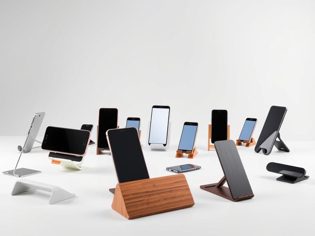 A meticulously lit studio scene showcasing a collection of high-quality smartphone stands from leading brands. In the foreground, a variety of premium-looking stands made from sleek metal, sturdy plastic, and elegant wood are artfully arranged on a minimalist white surface. The middle ground features a subtle gradient backdrop, allowing the stands to take center stage. Soft, diffused lighting from multiple angles accentuates the materials, textures, and design details of each stand, inviting the viewer to closely examine their unique features and capabilities. This visually compelling setup captures the essence of the "Popular Brands and Their Unique Features" section, providing a compelling visual reference for the article on reliable cell phone holders.