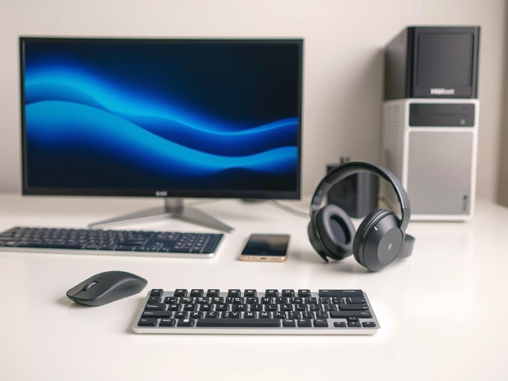 A modern, minimalist workspace with a variety of budget-friendly tech products on a clean, white table. In the foreground, an affordable wireless mouse, a compact mechanical keyboard, and a basic yet functional web camera. The middle ground features a sleek, no-frills smartphone and a pair of durable, noise-cancelling headphones. In the background, a compact, energy-efficient monitor and a small, unobtrusive desktop PC complete the scene. The lighting is soft and even, creating a professional, high-quality look despite the low-cost nature of the items. The overall atmosphere conveys practicality, functionality, and the ability to assemble a capable tech setup on a tight budget.