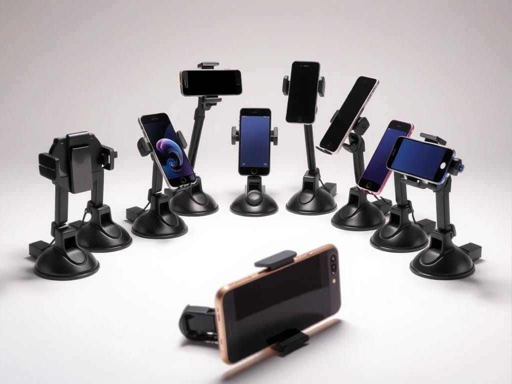 A neatly arranged display of various phone mounts, showcasing their key features in a clean, well-lit studio setting. The mounts are positioned at different angles, allowing a clear comparison of their designs, attachment mechanisms, and adjustability. The lighting is soft and diffused, creating an inviting and professional atmosphere. The focus is sharp, drawing attention to the intricate details of each mount. The background is a neutral color, ensuring the mounts are the main focal point. The overall composition is balanced and visually appealing, making it easy for the viewer to evaluate and compare the different phone mount options.