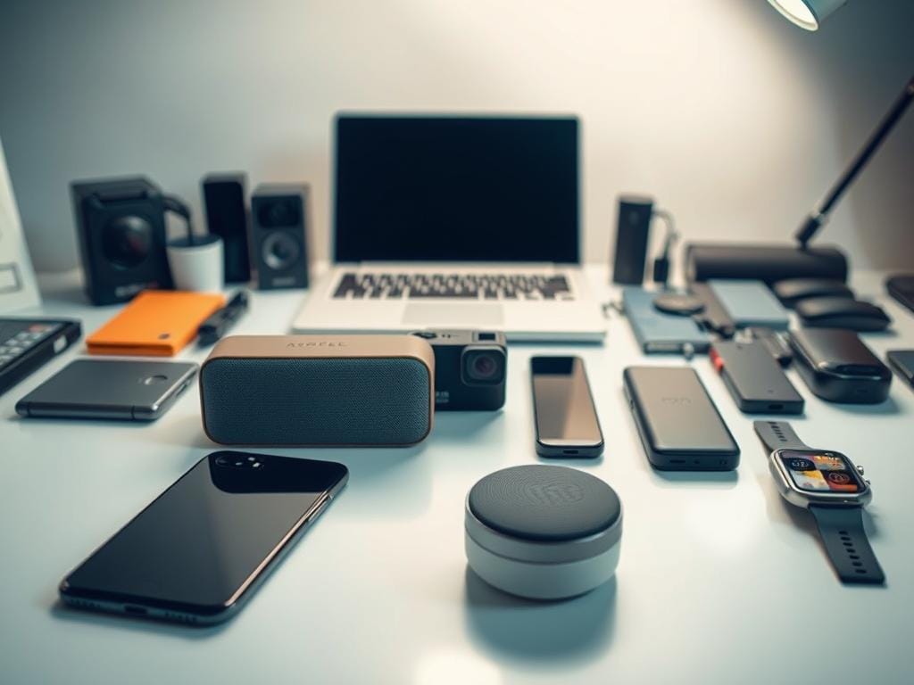 A neatly organized desk showcases a diverse array of budget tech products. In the foreground, a sleek yet affordable smartphone and a compact wireless speaker sit side by side, their muted colors and minimalist designs reflecting a sense of understated elegance. In the middle ground, a basic yet highly capable laptop and a compact action camera stand ready, their simple forms hinting at their practical functionality. In the background, a collection of basic yet versatile accessories, such as a power bank, a pair of earbuds, and a basic smartwatch, create a tableau that embodies the notion of "when to invest more vs. when to save." Soft, diffused lighting from an unseen source casts a warm, inviting glow over the scene, evoking a sense of thoughtful consideration and discerning practicality.