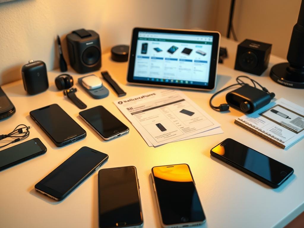A neatly organized desk with a variety of smartphone models, accessories, and informational materials. Warm, directional lighting from the side creates defined shadows and highlights the detailed textures. The smartphones are arranged in the foreground, showcasing their designs and features. In the middle ground, relevant product specifications, reviews, and price comparisons are displayed on a tablet or laptop screen. The background features a clean, minimalist environment that allows the products to be the focal point. The overall scene conveys a sense of careful consideration and research into the smartphone buying decision.