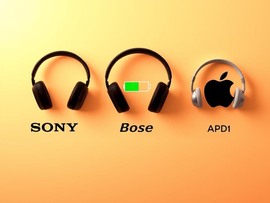 A side-by-side comparison of battery life for noise-canceling headphones from Sony, Bose, and Apple. The image shows three stylized headphone silhouettes arranged horizontally, each with a different battery icon indicating their respective battery life. The Sony headphones have a full battery icon, the Bose have a partially depleted icon, and the Apple headphones have a low battery icon. The background is a clean, minimalist gradient, allowing the headphone icons and battery indicators to be the focus. Warm, soft lighting illuminates the scene, creating a sleek, premium aesthetic. The composition is balanced and symmetrical, guiding the viewer's eye through the comparative battery life information.