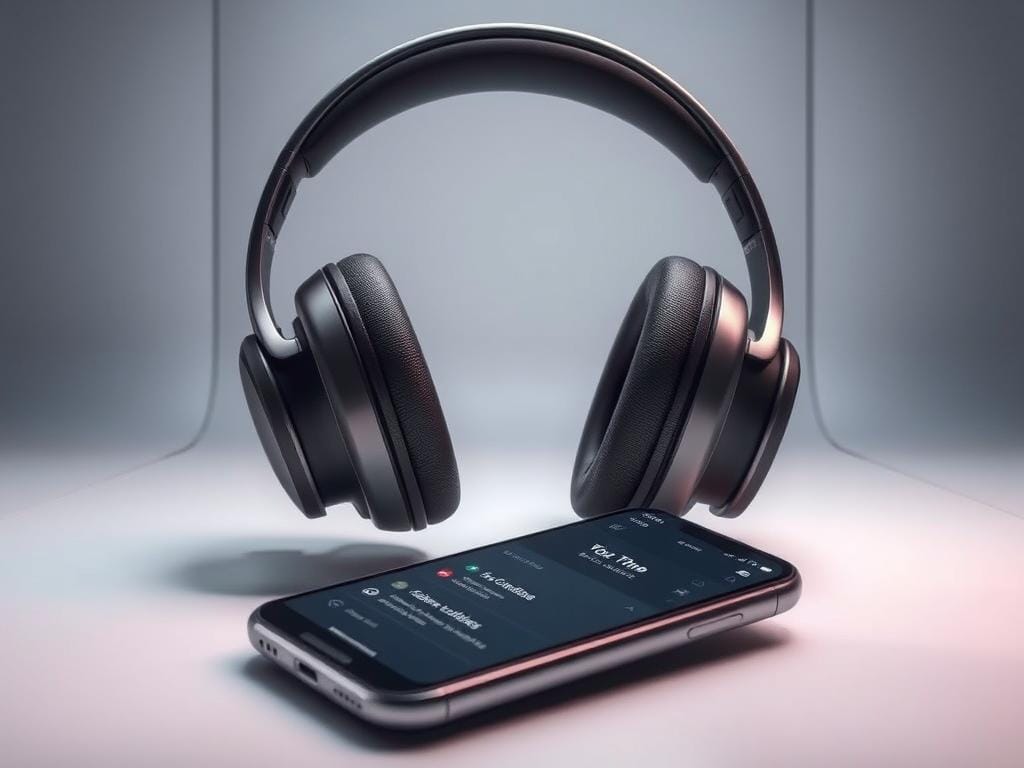 A sleek, futuristic headphone design floats in the center of the frame, its metallic surface gleaming under studio lighting. In the foreground, a smartphone screen displays a seamless app interface, showcasing intuitive touch controls and advanced noise-cancellation options. The background features a minimalist, high-tech environment with clean lines and a subtle gradient, evoking a sense of technological sophistication. The lighting is soft and directional, creating depth and highlighting the product's premium aesthetic. The overall composition conveys the headphones' cutting-edge features and seamless integration with a companion mobile app, reflecting the "Smart Features and App Experience" theme.