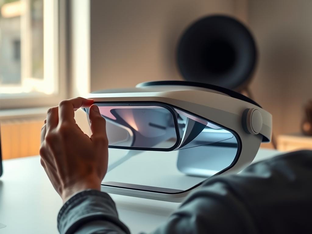 A sleek, modern Apple Vision Pro headset rests on a minimalist desk, its display illuminating the scene. The device's angular, metallic frame and transparent visor create an elegant, futuristic aesthetic. Subtle ambient lighting from a nearby window casts a warm glow, highlighting the headset's precision craftsmanship. In the foreground, a user's hands gently adjust the headset, immersed in a seamless digital interface. The background is a clean, uncluttered workspace, emphasizing the device's potential to revolutionize computing and productivity. The overall atmosphere conveys a sense of cutting-edge technology, efficiency, and a glimpse into the future of personal computing.