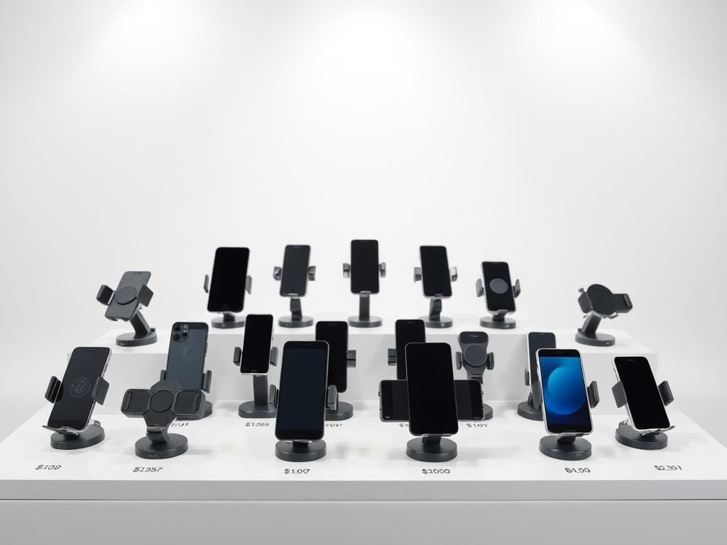 A sleek, modern cell phone mount display showcasing a range of prices and designs. Centered on a minimalist white surface, the mounts are arranged in a visually appealing grid, each with a subtle tag indicating its cost. Indirect lighting from above casts a soft, even glow, highlighting the textures and materials of the various mounts. The background is a blurred, gradient-filled studio setting, drawing the viewer's attention to the key products. The overall composition conveys a sense of comparison and consideration, inviting the viewer to assess the price-to-value ratio of each mount option.