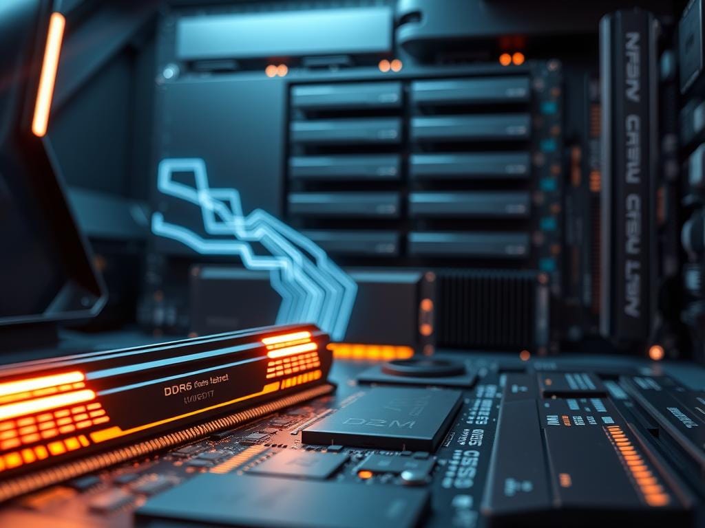 A sleek, ultramodern laptop interior in 2025, featuring state-of-the-art memory and storage solutions. In the foreground, the latest DDR6 RAM modules glow with a soft, futuristic light, their intricate circuits and heat sinks suggesting advanced performance. In the middle ground, a cutting-edge M.2 SSD drive is showcased, its lightning-fast data transfer capabilities represented by dynamic lines of light. The background is dominated by a next-generation storage array, with multiple solid-state drives arranged in a seamless, minimalist design. The overall scene is bathed in a cool, metallic color palette, conveying a sense of technological sophistication and innovation.