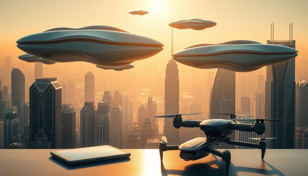A sprawling, futuristic cityscape bathed in a warm, golden glow. Hovering above the gleaming skyscrapers, an array of sleek, multi-functional AI devices float effortlessly, their organic, biomorphic forms hinting at advanced capabilities. In the foreground, a collection of cutting-edge gadgets - a holographic tablet, a wearable neural implant, and a compact, self-piloting drone - showcase the pinnacle of 2025 technology. Subtle lighting casts dramatic shadows, creating an aura of sophistication and innovation. The overall scene conveys a sense of boundless potential, where AI-powered tools seamlessly integrate with the urban landscape, ushering in a new era of productivity and convenience.