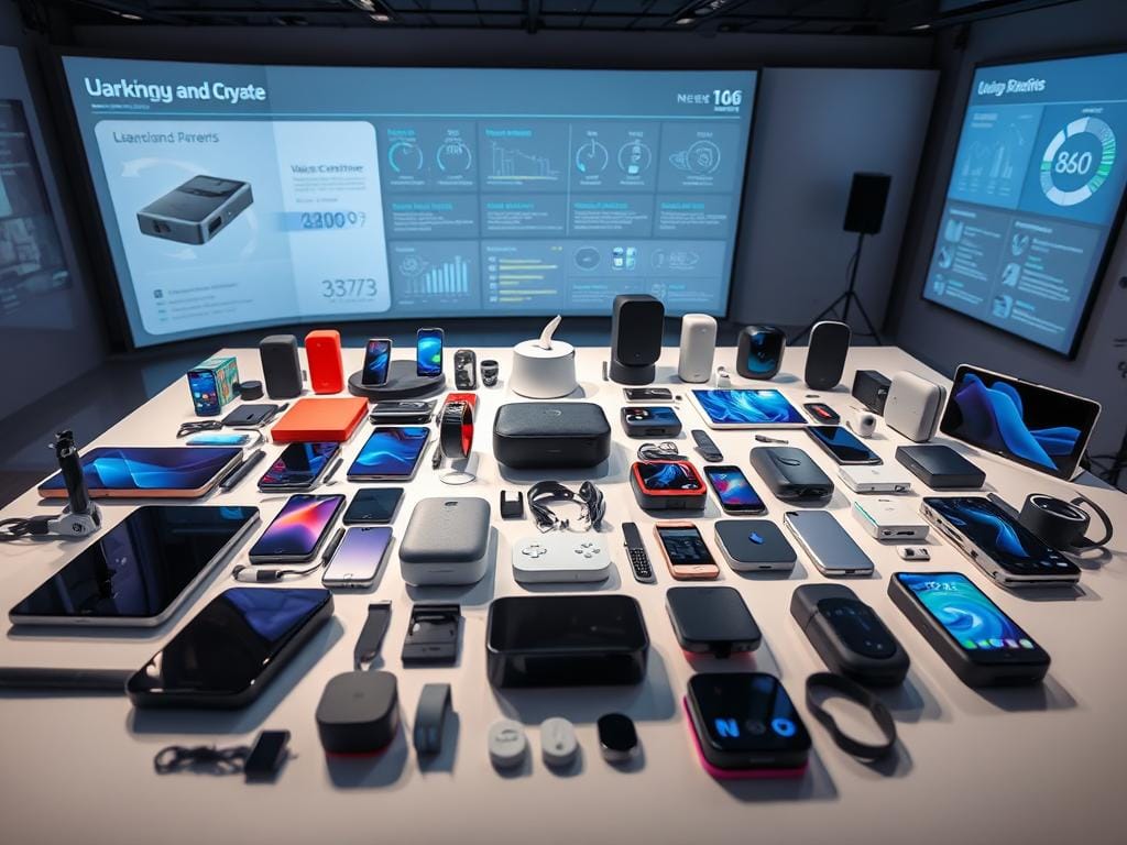 A well-lit, high-angle studio scene showcasing an assortment of futuristic tech gadgets arranged on a sleek, reflective table. In the foreground, an array of cutting-edge smartphones, tablets, and wearables in various colors and designs. In the middle ground, a collection of compact, voice-controlled smart devices and IoT sensors. In the background, a large, high-resolution display screen showcases detailed product specifications and performance metrics. The overall mood is one of careful curation and thoughtful evaluation, as if the viewer is observing the decision-making process behind selecting the must-have tech gadgets of the future.
