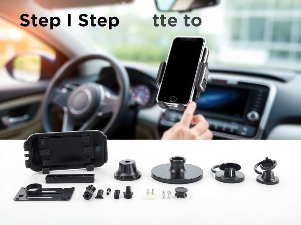A well-lit, high-resolution product photo of a step-by-step car phone mount installation guide. The foreground showcases the phone mount hardware components arranged neatly. The middle ground features a close-up view of the mount being installed on a car dashboard, with a hand visible guiding the installation process. The background depicts a blurred interior of a modern vehicle, providing context. The lighting is soft and diffused, accentuating the fine details of the mount and creating a clear, informative visual guide.