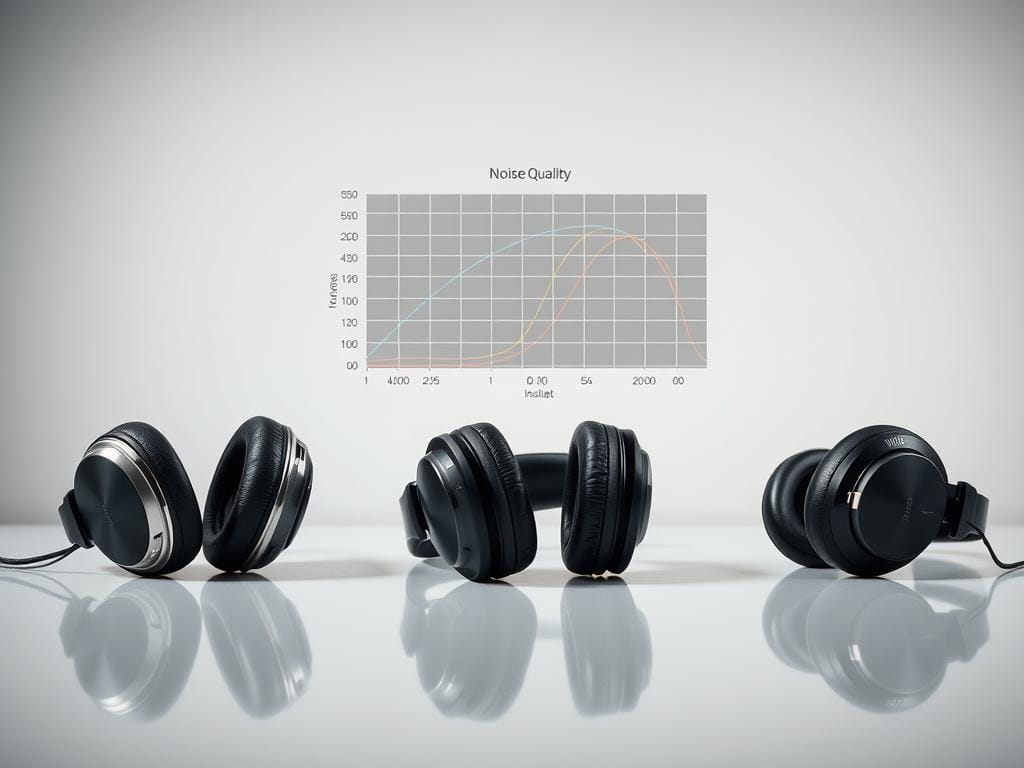 A well-lit studio shot showcasing a side-by-side comparison of three high-end noise-canceling headphones. The foreground features the headphones placed on a sleek, reflective surface, allowing for clear visual inspection of their design and construction. The middle ground captures a technical acoustic graph highlighting key sound quality metrics like frequency response, dynamic range, and noise isolation. The background subtly blurs out, maintaining focus on the products and data visualization. The overall mood is clean, professional, and informative, conveying the technical aspects of audio performance in a visually compelling manner.