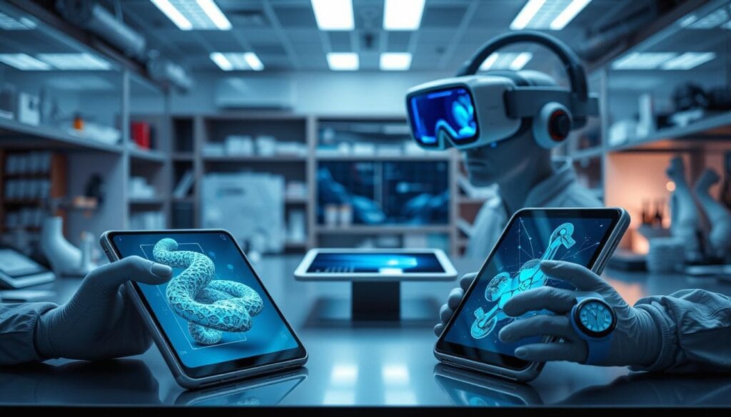 An advanced research laboratory, filled with cutting-edge AI-powered mobile devices and gadgets. In the foreground, a sleek foldable smartphone with a holographic display projects intricate 3D models. Nearby, a smartwatch with an adaptive OLED screen seamlessly integrates with the user's biometrics. In the middle ground, a levitating tablet hovers, its touch-sensitive surface responding to intuitive gestures. The background features a sophisticated augmented reality headset, its lenses capturing the world in vivid detail and overlaying dynamic information. The scene is bathed in a cool, futuristic lighting, creating an atmosphere of innovation and technological prowess.