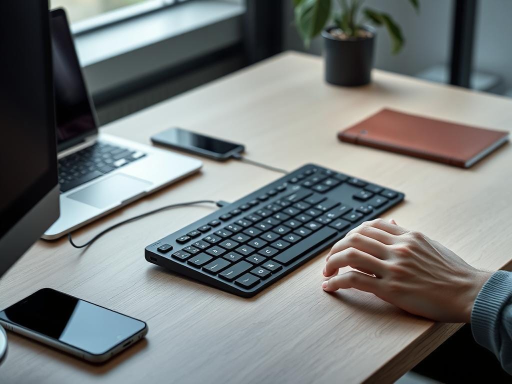 Generate an image of a Logitech K380 Multi-Device Bluetooth Keyboard in use