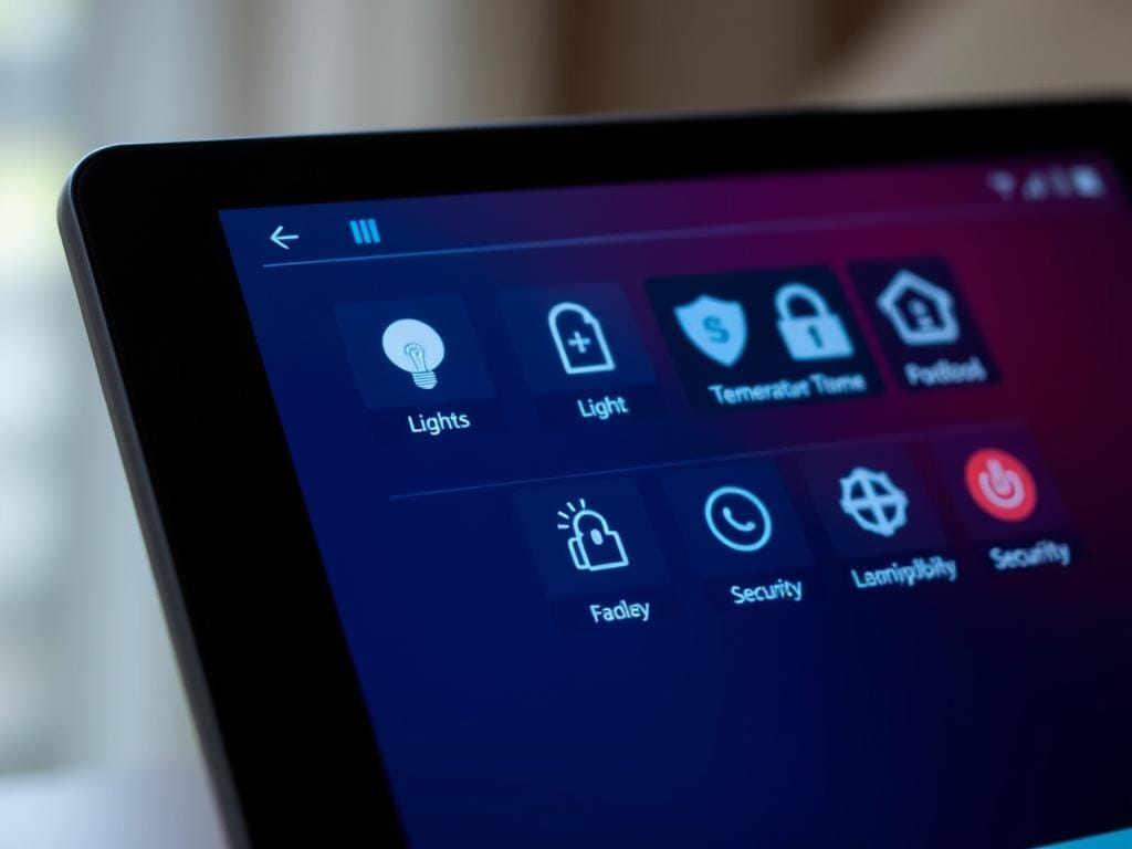 Generate an image of the Amazon Fire HD8 tablet displaying a smart home control interface.
