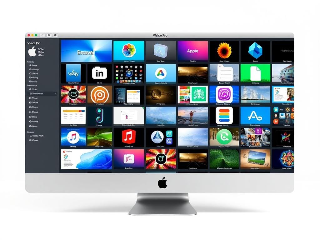 Generate an image of the Apple Vision Pro interface showcasing various apps.