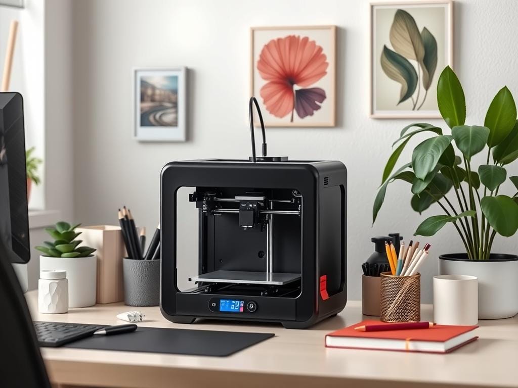 Generate an image of the Bambu Lab A1 Mini 3D Printer in a home office setting.