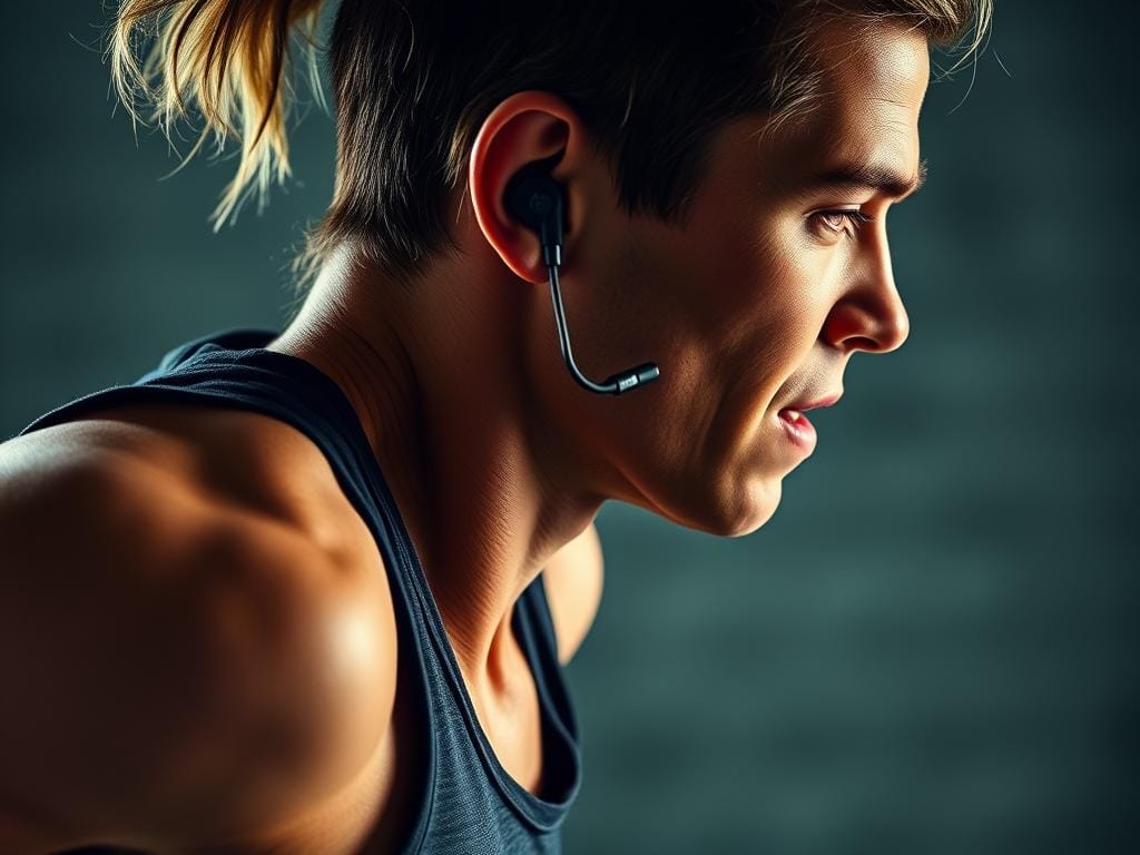 Generate an image of the Beats Powerbeats Pro2 Wireless Earbuds being worn during a workout.