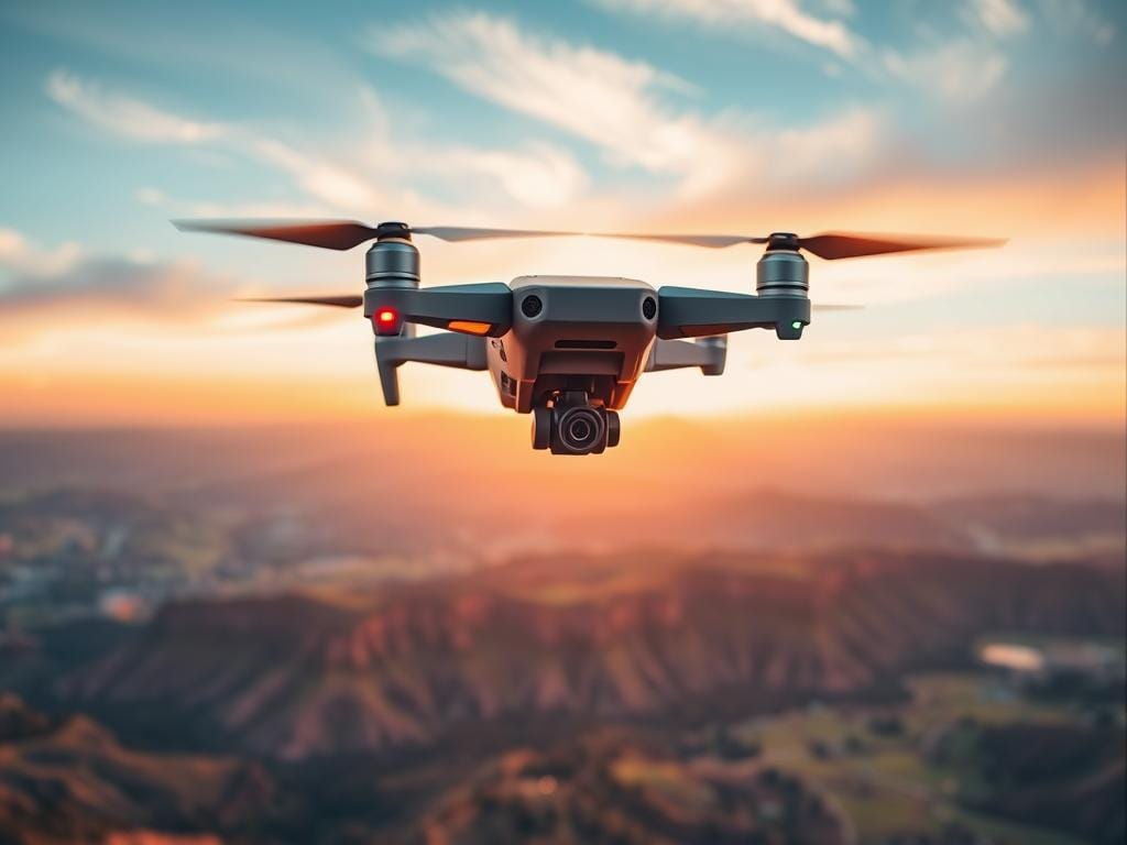 Generate an image of the DJI Mini3 Drone in flight, capturing a scenic landscape.
