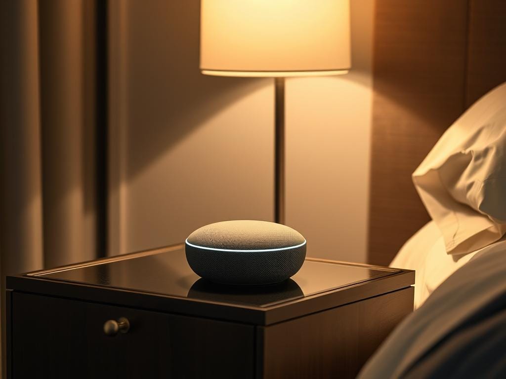Generate an image of the Google Nest Hub (2nd Gen) on a nightstand.