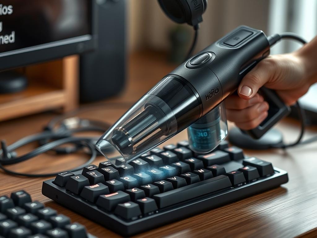 Generate an image of the HOTO Handheld Vacuum Cleaner in use, cleaning a mechanical keyboard.